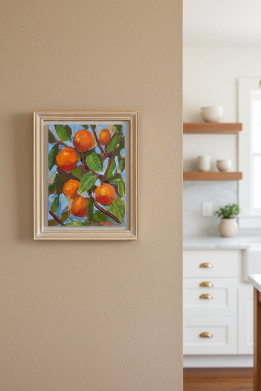 Painting of oranges on a branch with green leaves against a blue sky.