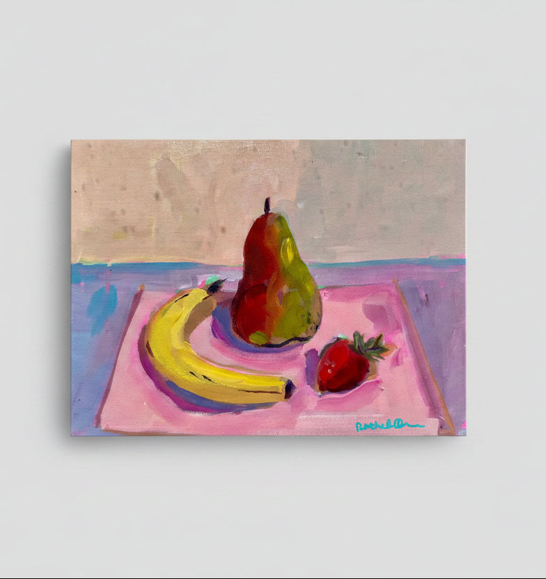 Still life painting of a banana, pear, and strawberry on a pink surface with a textured beige background.