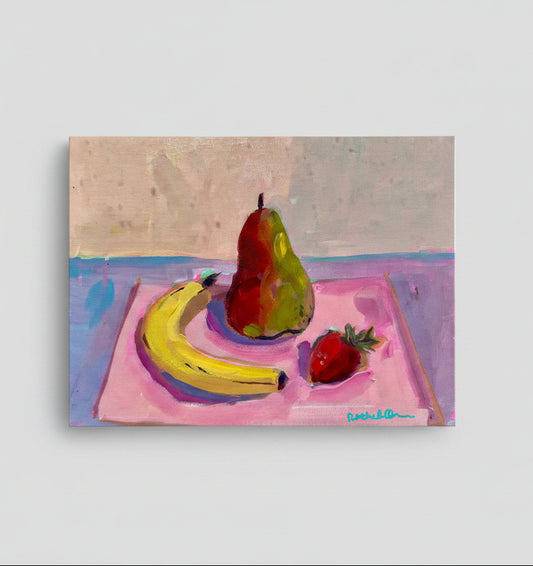 Still life painting of a banana, pear, and strawberry on a pink surface with a textured beige background.