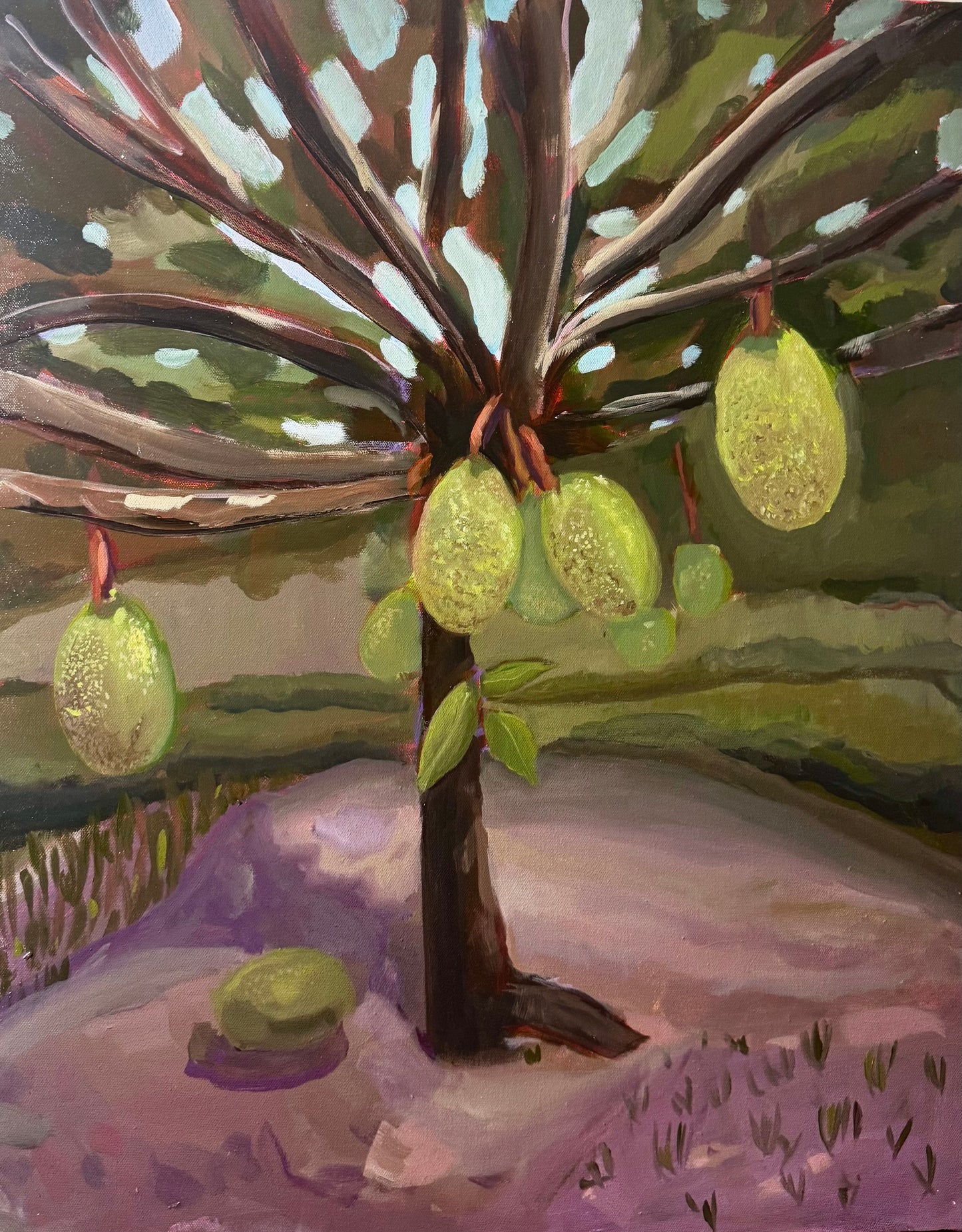 Painting of a tree with hanging fruits in a natural setting