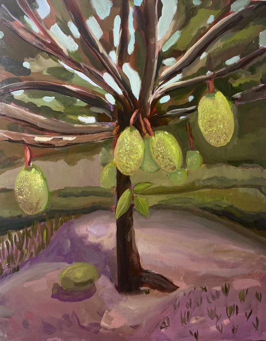 Painting of a tree with hanging fruits in a natural setting