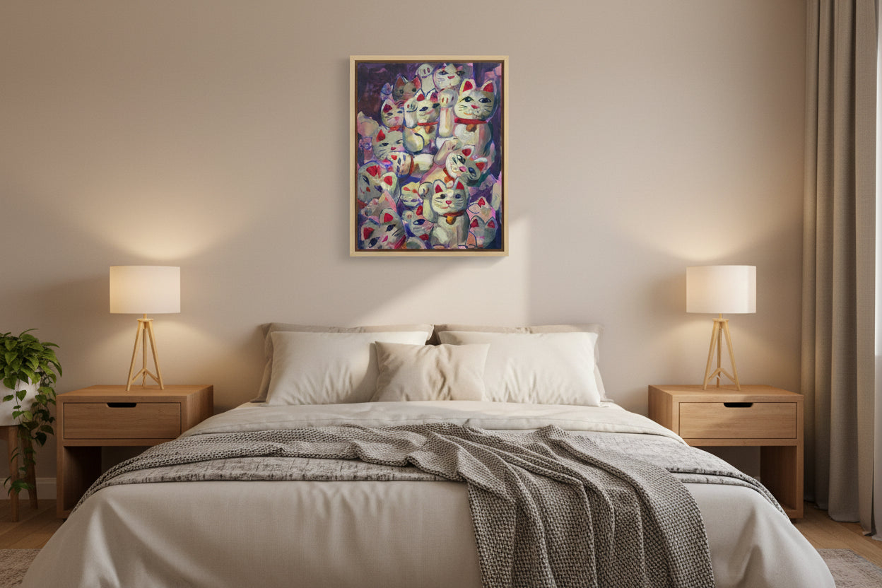 Colorful painting of maneki-neko cats on an easel with a blurred background