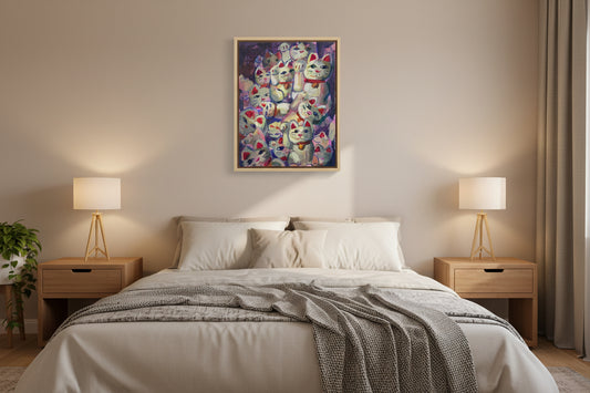 Colorful painting of maneki-neko cats on an easel with a blurred background
