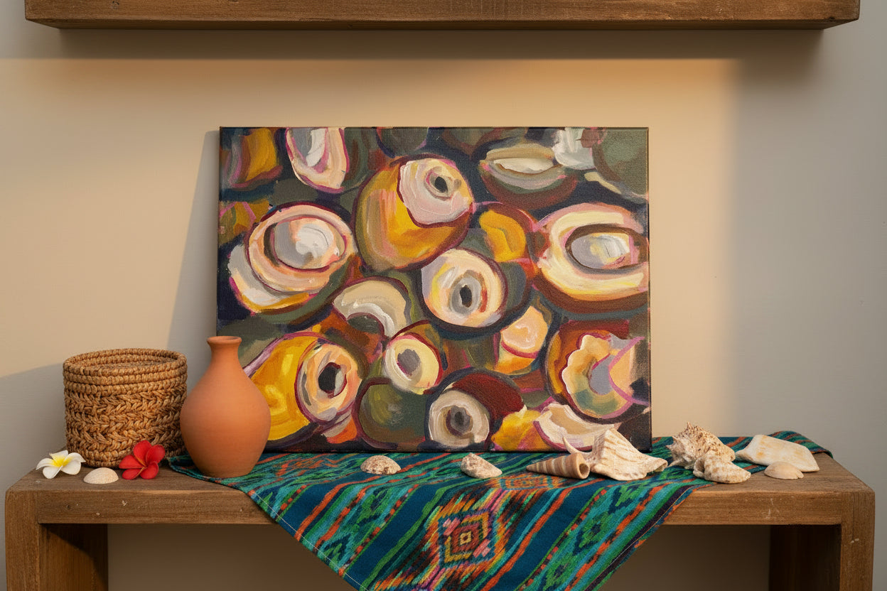 Abstract painting with colorful circular shapes held by a hand.