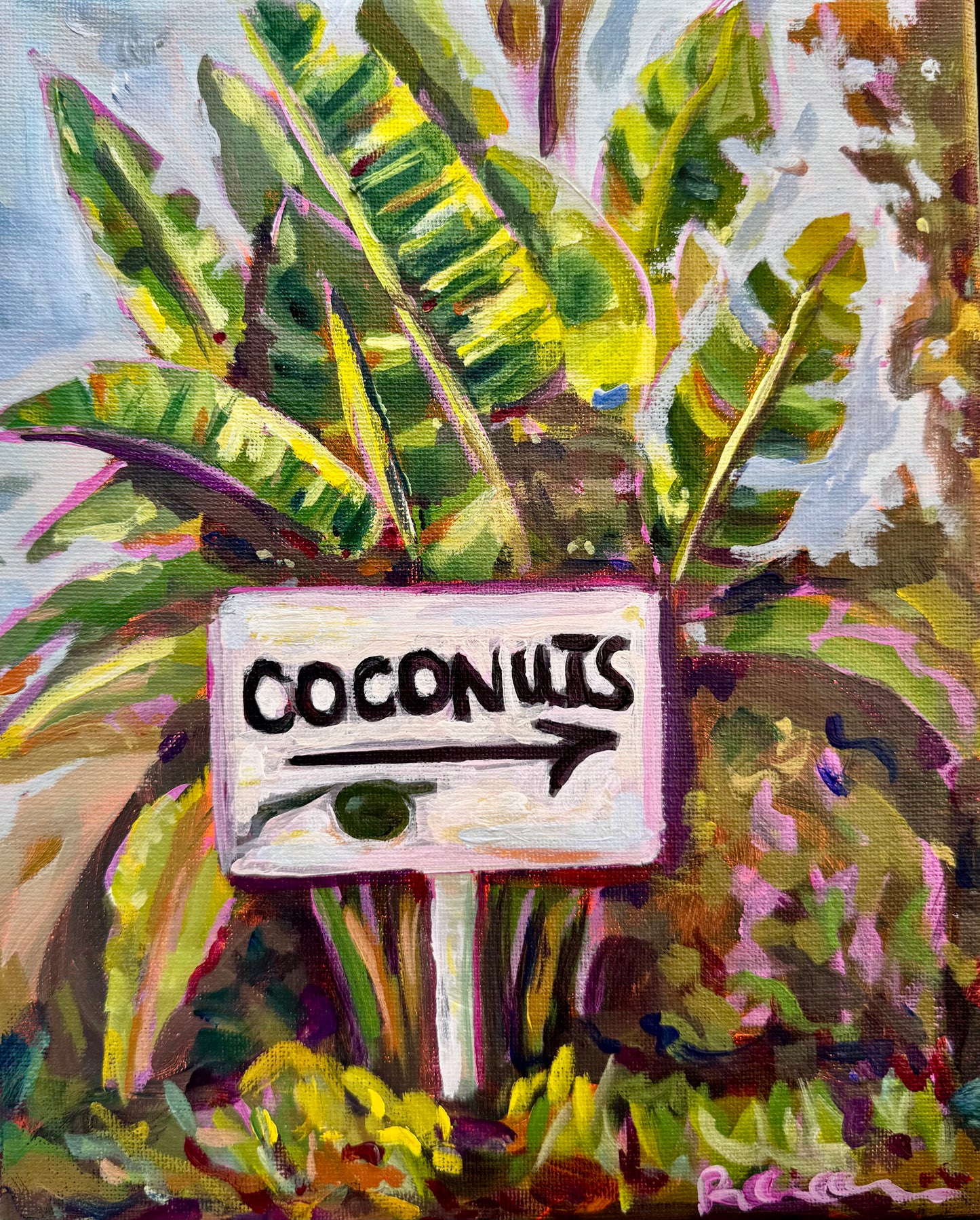 Original Painting - Coconut Sign  - Florida 8x10 Thrifted Framed