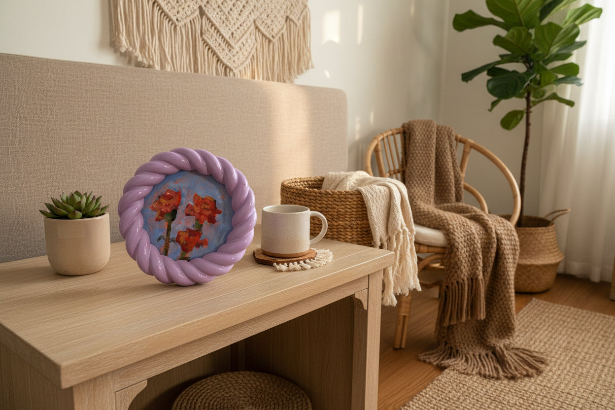 Decorative plate with a floral design held by a person against a neutral background