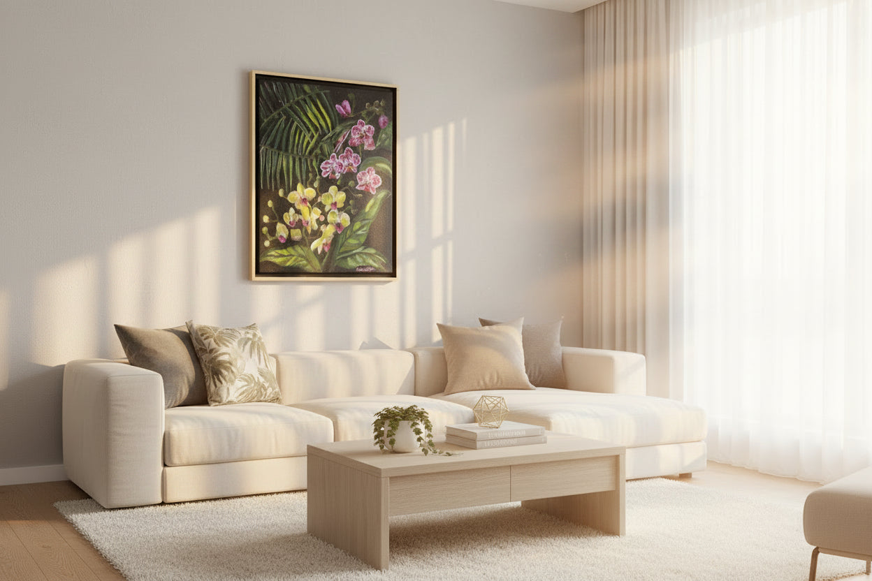 Framed artwork of pink and yellow flowers with green leaves on a textured wall.