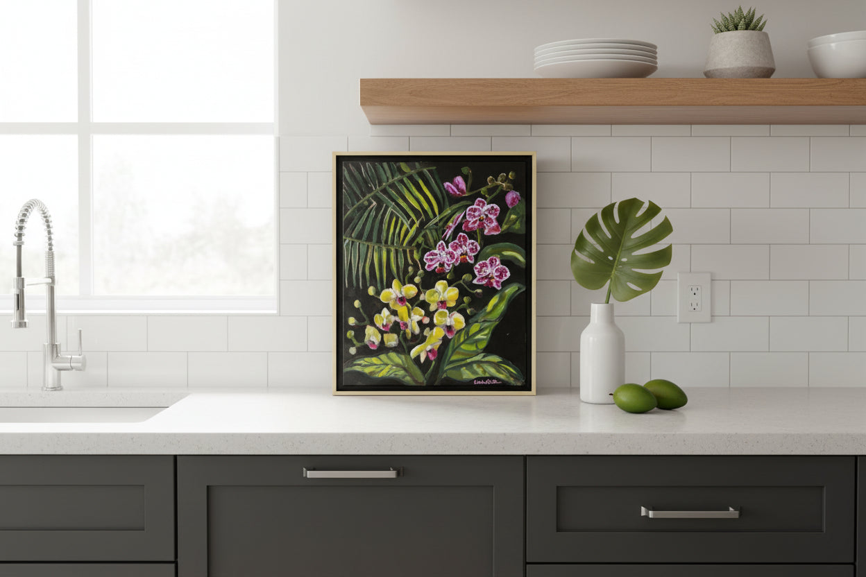 Framed artwork of flowers and leaves on a black background