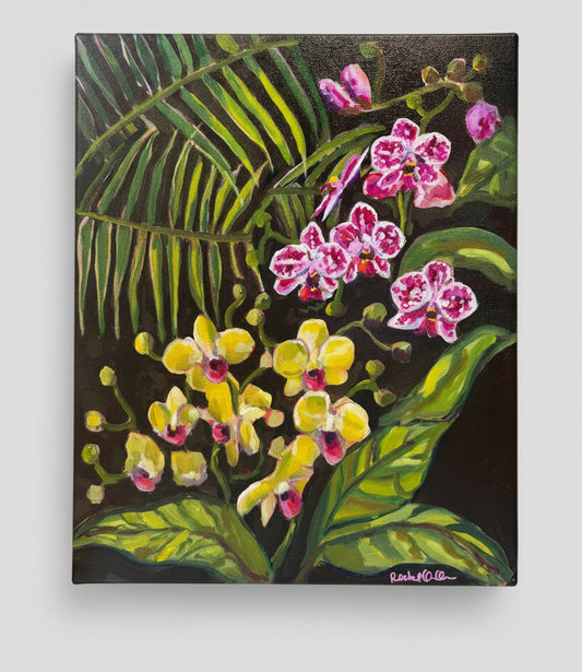 Painting of pink and yellow orchids with green leaves on a black background