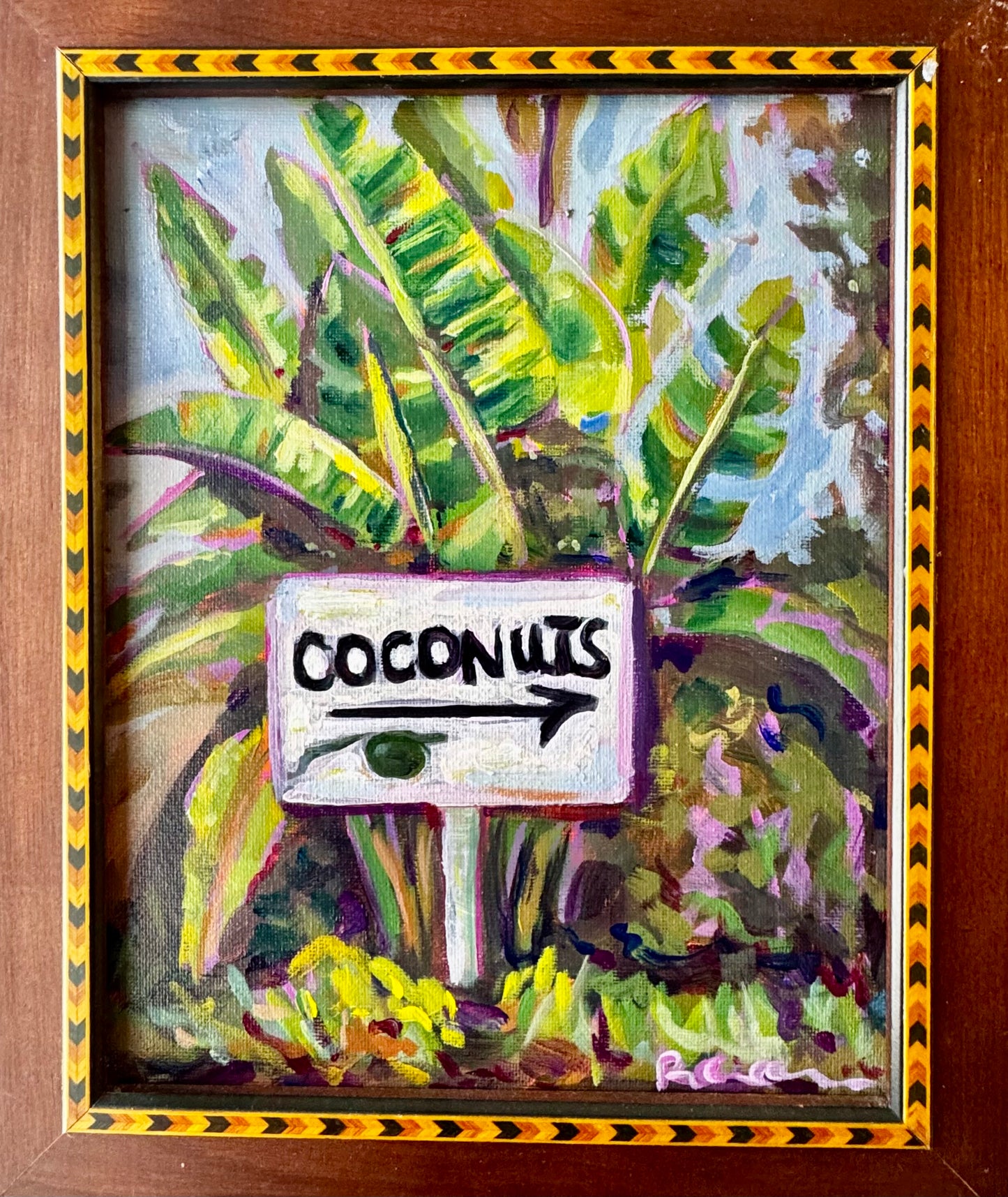 Original Painting - Coconut Sign  - Florida 8x10 Thrifted Framed