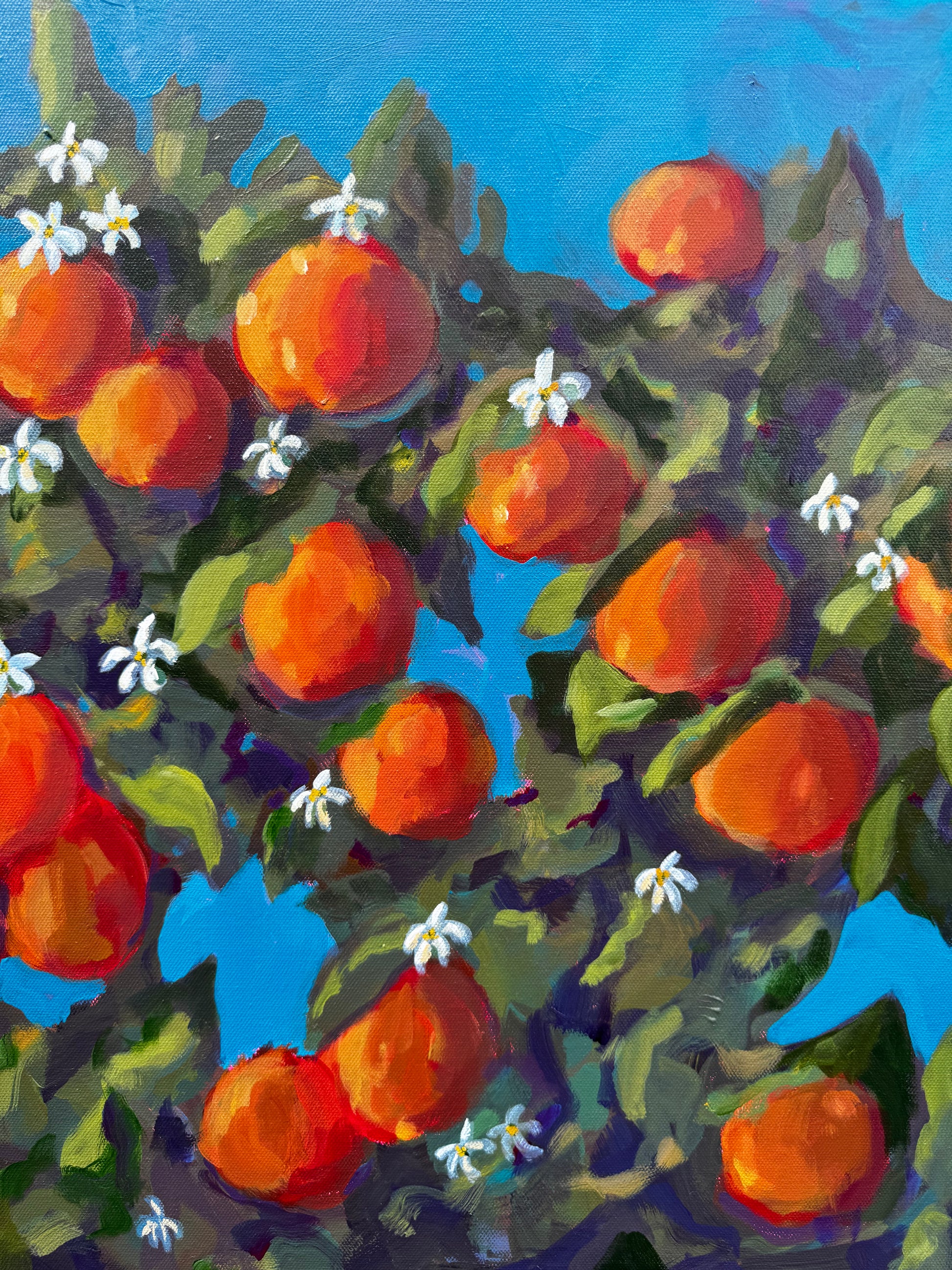 Painting of a fruit tree with red fruits and green leaves against a blue background
