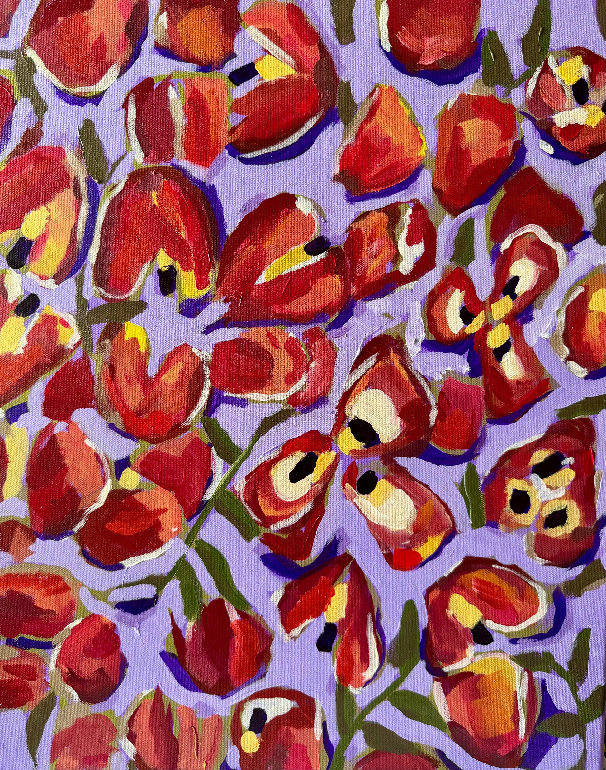 A vibrant painting featuring a dense pattern of red ackee trees with yellow and black details on a purple background.