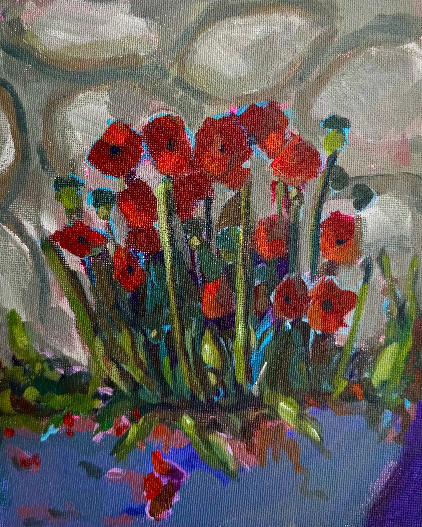 Artistic depiction of red flowers with green stems on a textured background