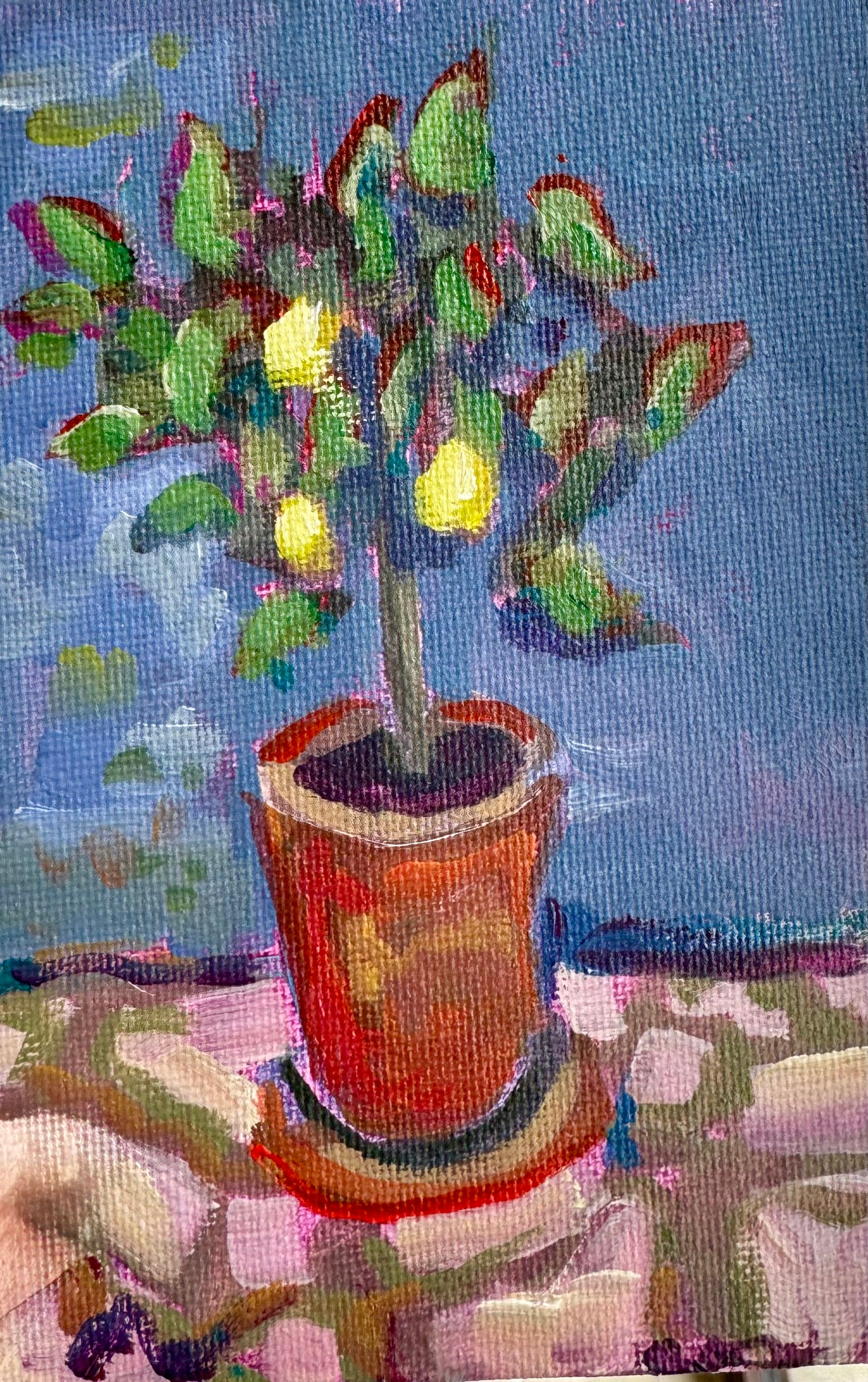 Painting of a potted plant on a textured surface