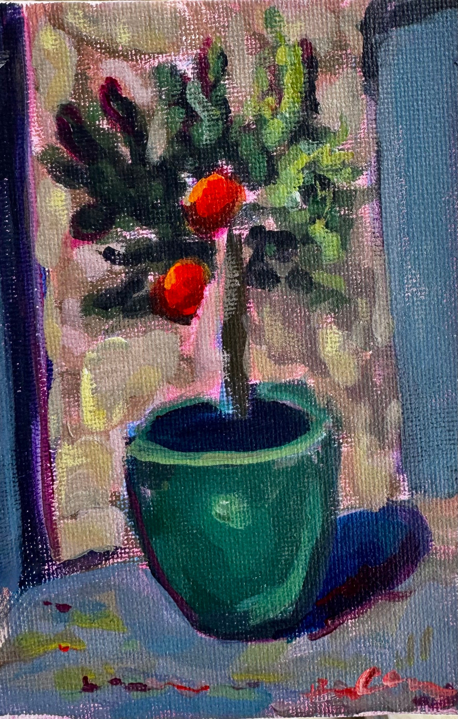 Small painting of a potted plant with red flowers on a textured surface