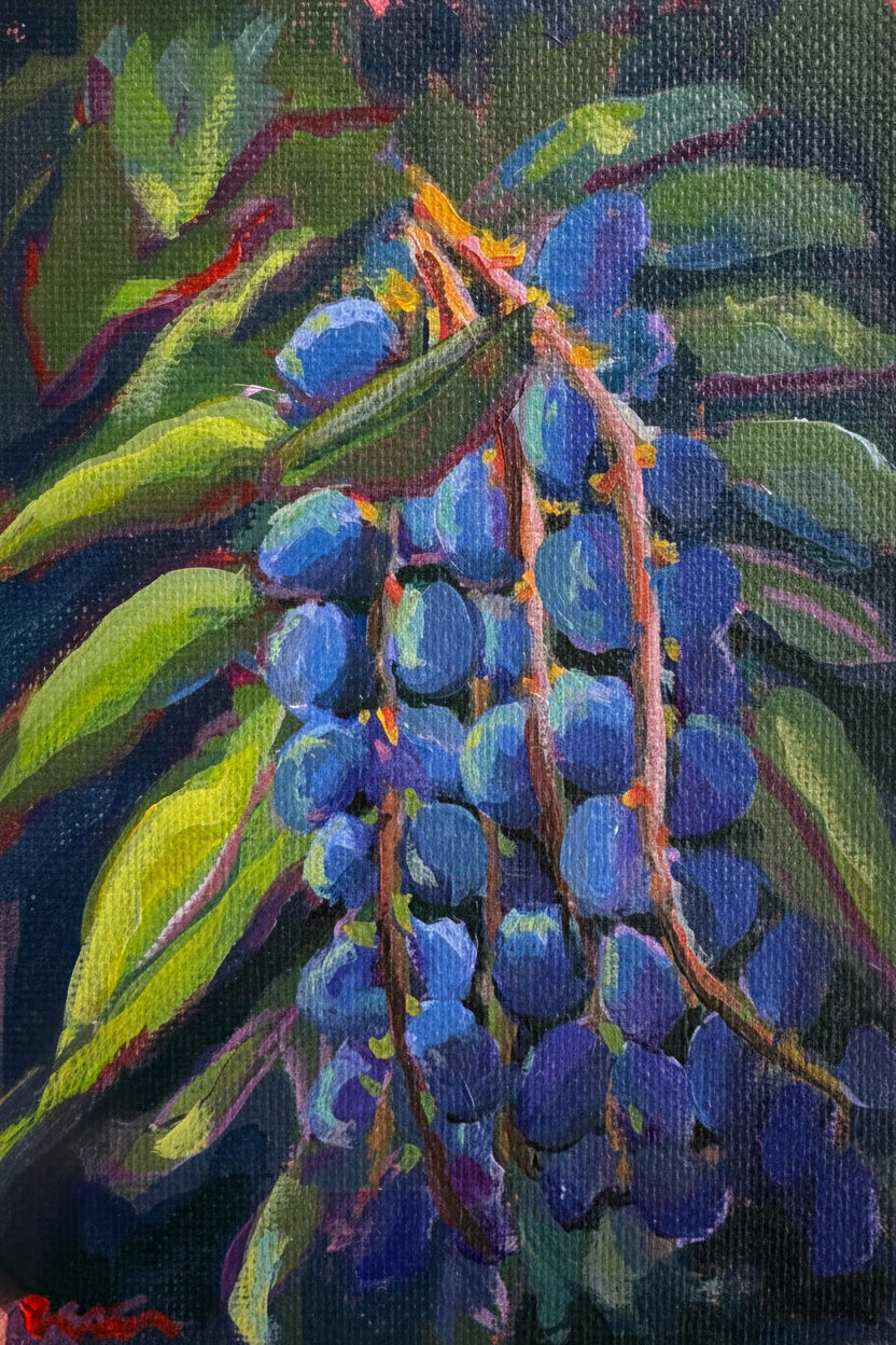 Artistic depiction of blueberries with leaves on a dark background
