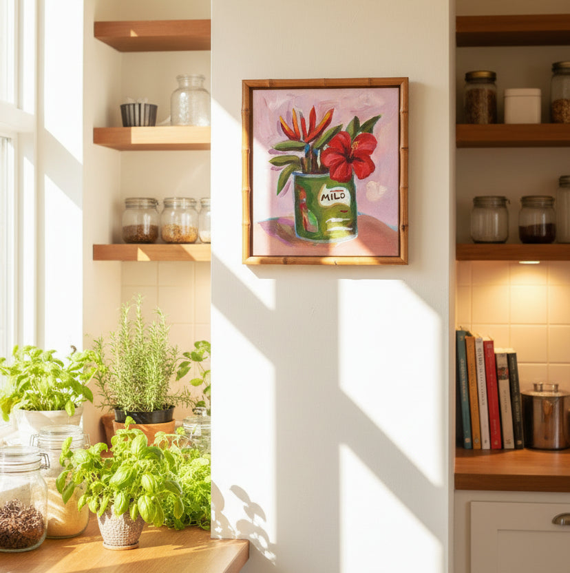 A colorful painted still life showing a green can labeled 'MILO' filled with red flowers and green leaves, set against a soft pink background.