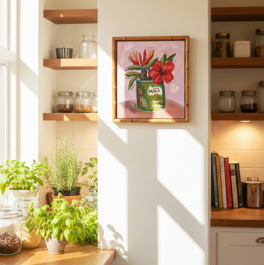 A colorful painted still life showing a green can labeled 'MILO' filled with red flowers and green leaves, set against a soft pink background.