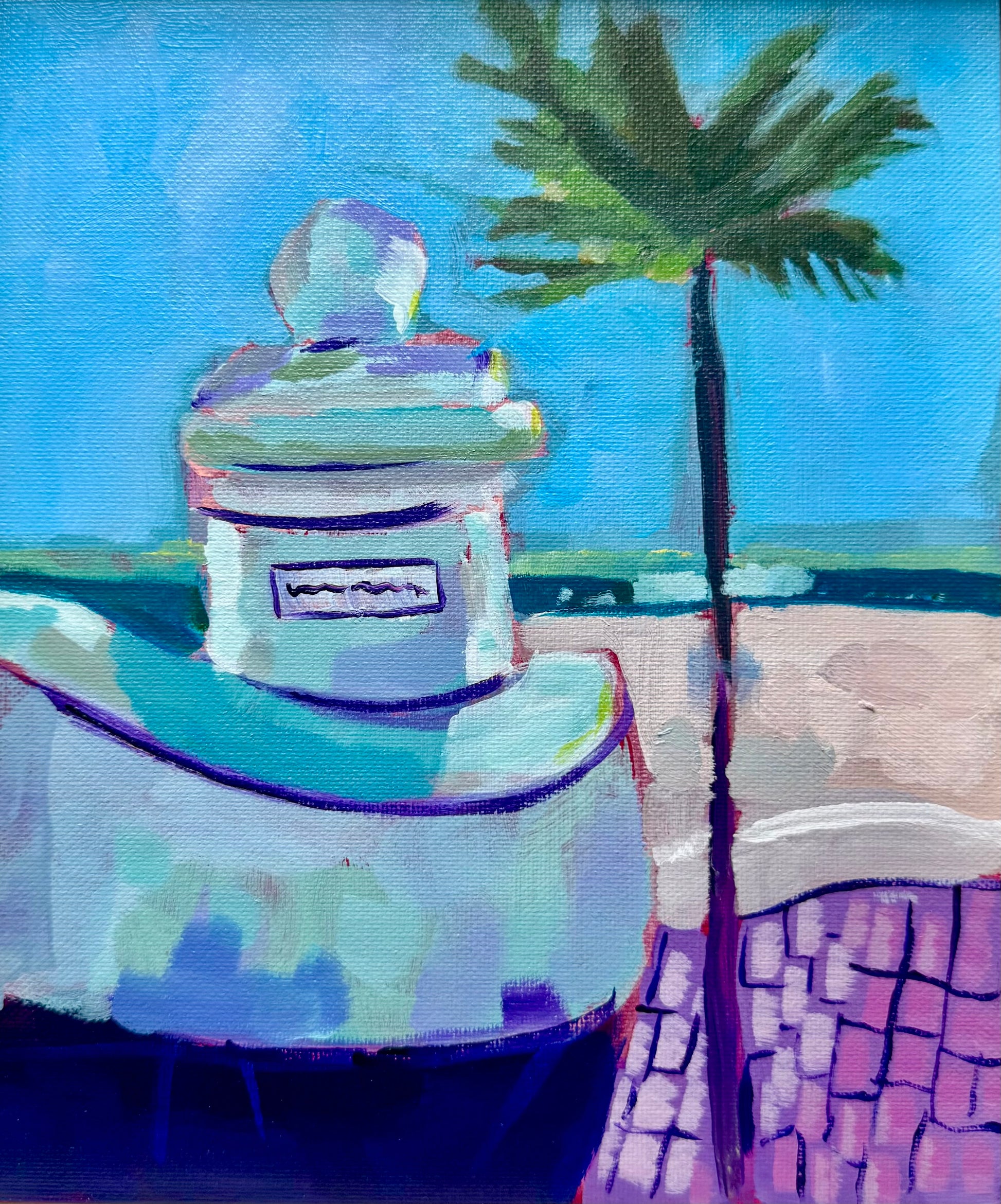 Decorative urn with a palm tree and blue sky in the background