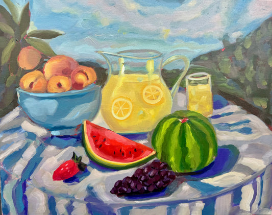 Still life painting of fruits and a pitcher on a table with a scenic background