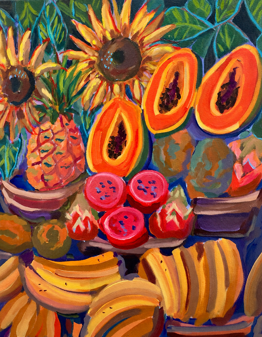 Vibrant still life painting of tropical fruit, featuring sliced papayas, bananas, watermelons, dragon fruit, and sunflowers with green leaves on a dark blue background.