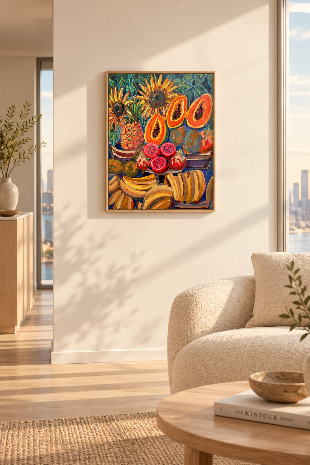 colorful fruit and flower painting on a wall in the living room
