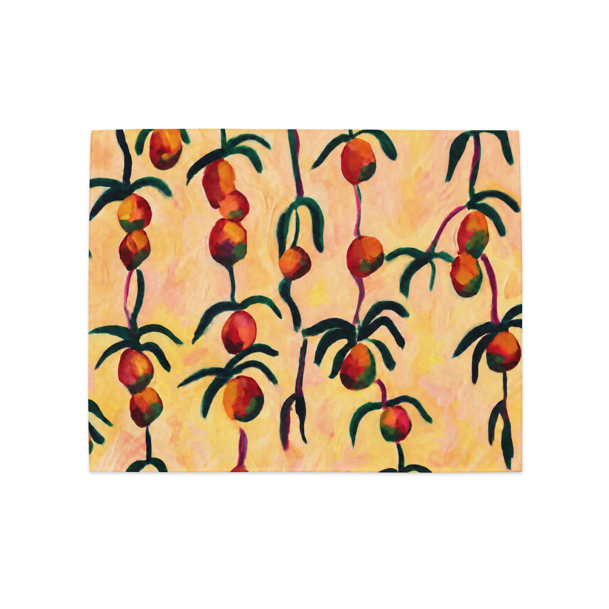 A square art print or canvas featuring a repeating pattern of hanging orange fruits on dark green stems against a warm yellow and peach textured background, shown on a plain white backdrop.