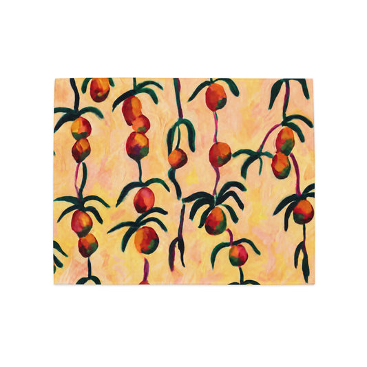 A square art print or canvas featuring a repeating pattern of hanging orange fruits on dark green stems against a warm yellow and peach textured background, shown on a plain white backdrop.