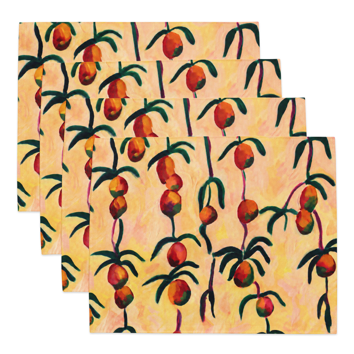 Four rectangular placemats with a repeating pattern of hanging orange fruits and green leaves on a warm yellow background, arranged in a staggered stack on a white background.