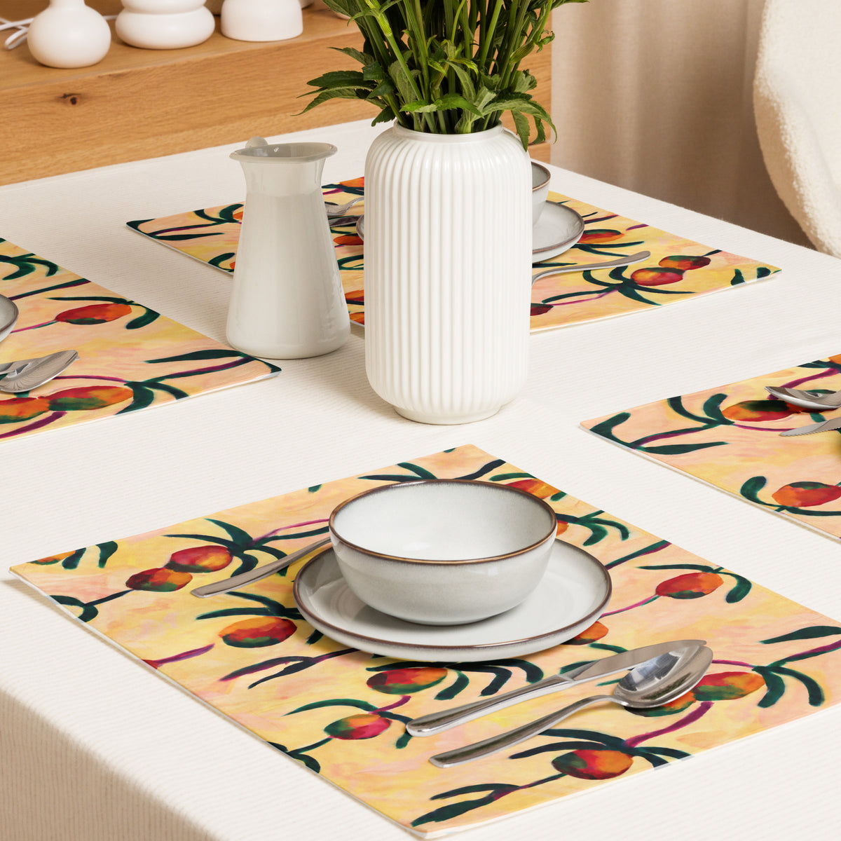 Product mockup table with bowl and plate and utensils and vase with yellow rectangles with orange green circles. 