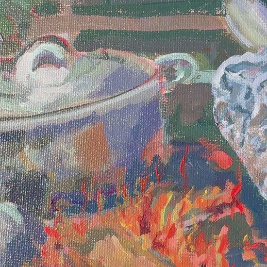 video of a painting of pots on a fire with a blue cloth on top.