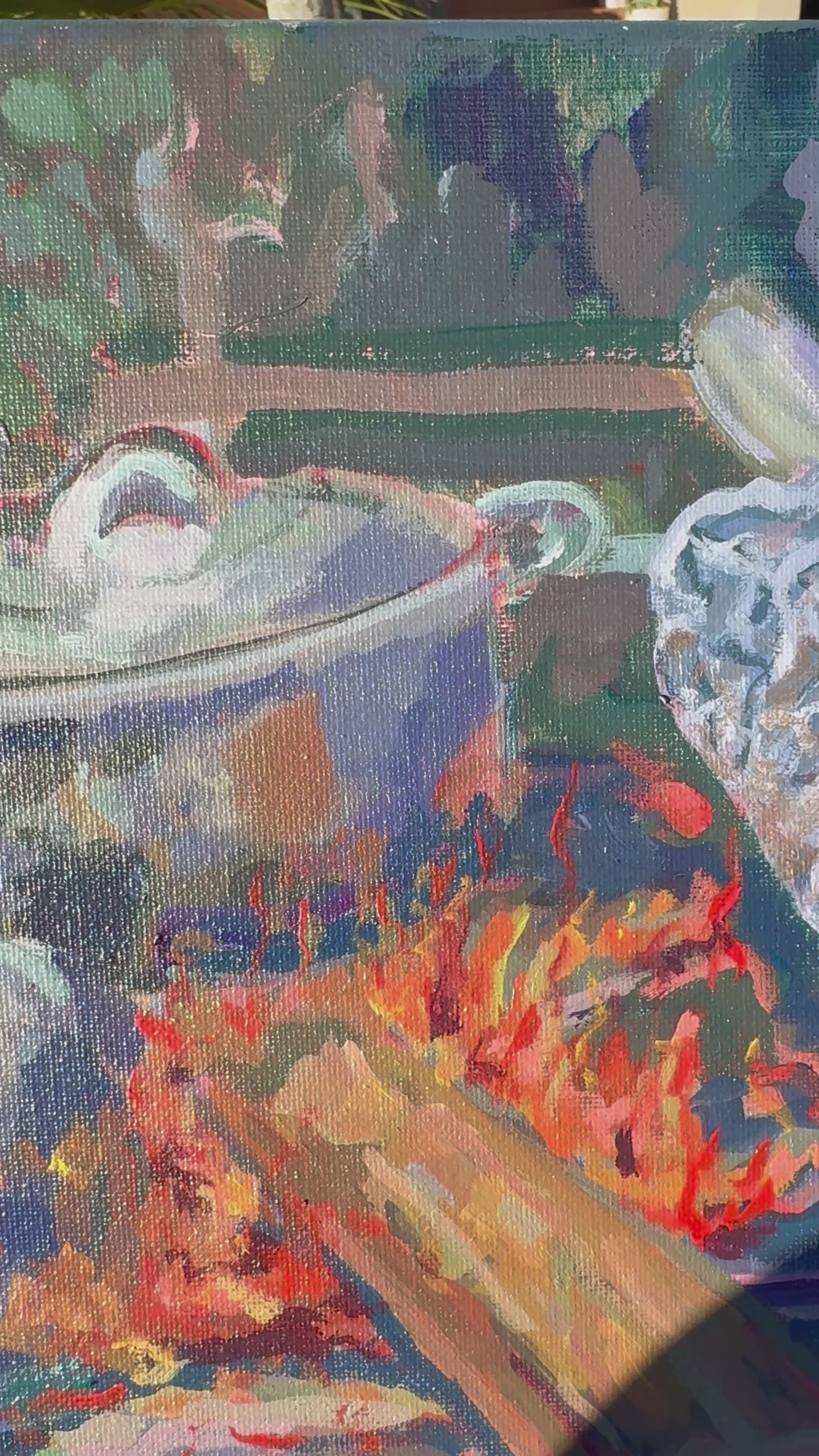 video of a painting of pots on a fire with a blue cloth on top.
